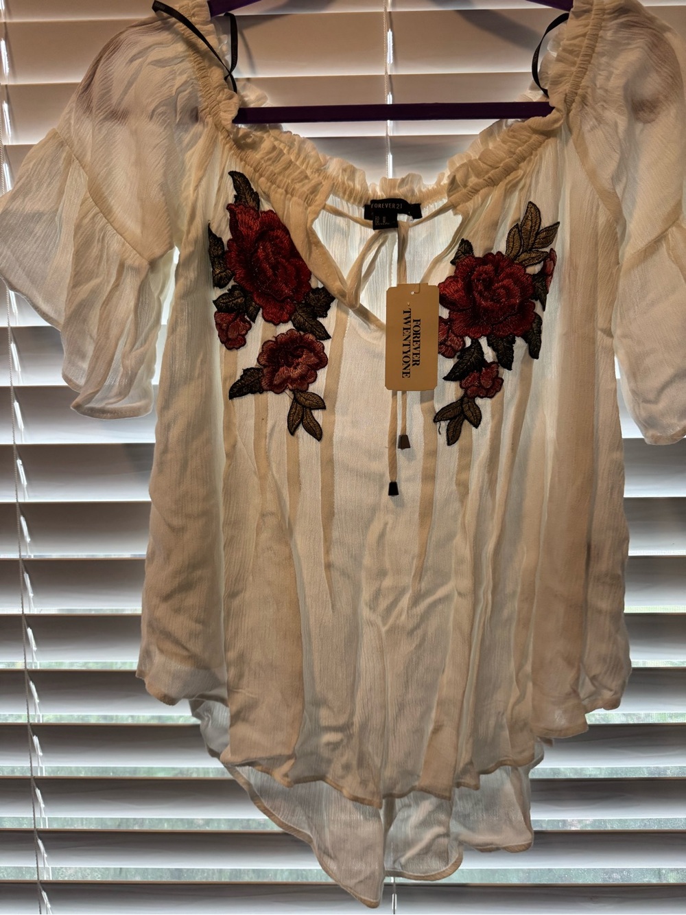 Forever 21 White Peasant Blouse with Red Rose Appliqué